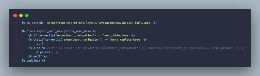 Code-Beispiel für die Implementierung der Convertly-Funktion in einer Shopware-Storefront. Der Code zeigt ein Twig-Snippet mit if-Statements zur Steuerung der Navigation basierend auf A/B/n-Test-Varianten wie 'menu_hide_home', 'menu_replace_home' und 'menu_default'.