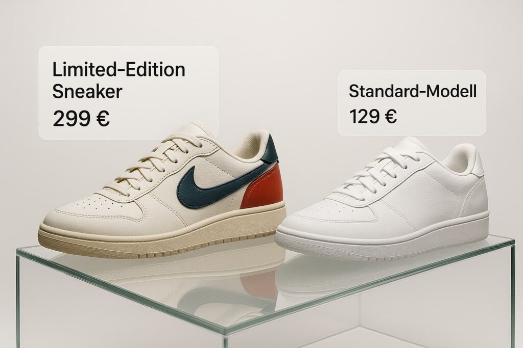 Zwei Paar Sneaker auf gläsernem Podest: Links Limited-Edition-Modell für 299 €, rechts schlichtes Standard-Modell für 129 €, als Beispiel für Preisanker-Effekt im Online-Shop.