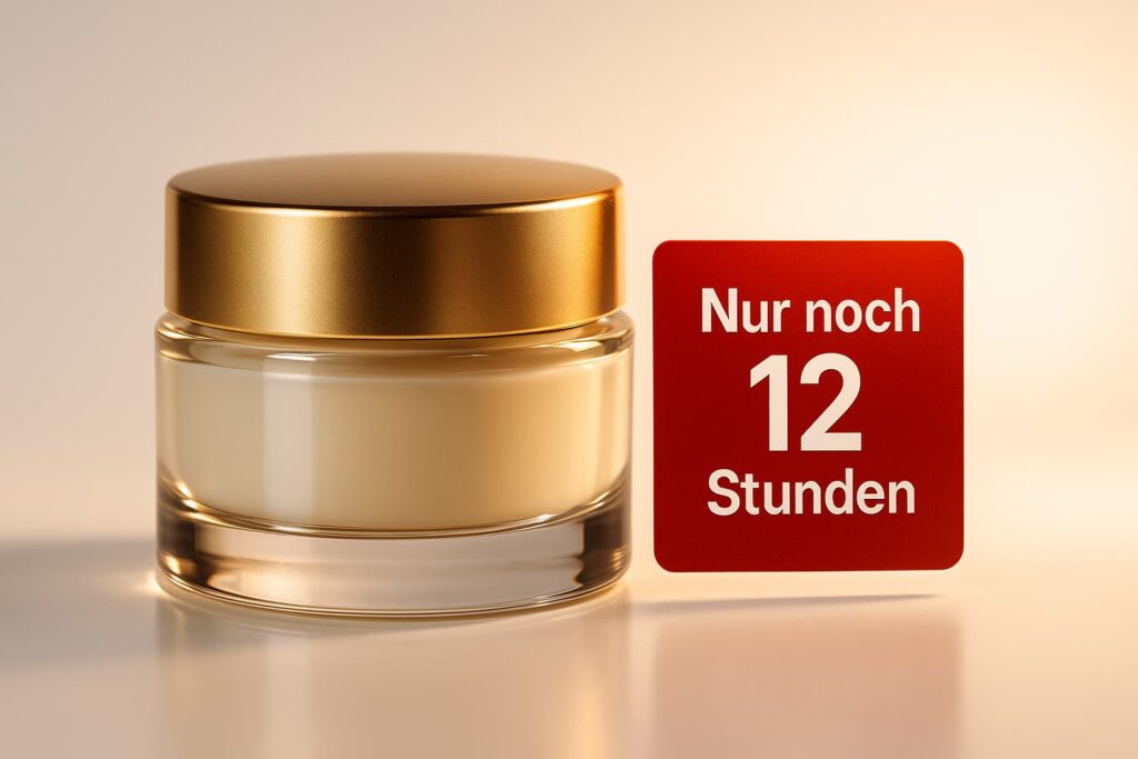 Kosmetikcreme im Glasbehälter mit goldenem Deckel, daneben roter Hinweis „Nur noch 12 Stunden“ als zeitlich begrenzter Angebots-Countdown.