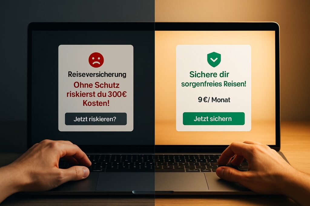 Vergleich von negativem und positivem Framing einer Reiseversicherungs-Botschaft auf einem Laptop-Bildschirm: Links Warnung „Ohne Schutz riskierst du 300 € Kosten“ mit rotem traurigem Icon, rechts positive Formulierung „Sichere dir sorgenfreies Reisen – 9 €/Monat“ mit grünem Häkchen.