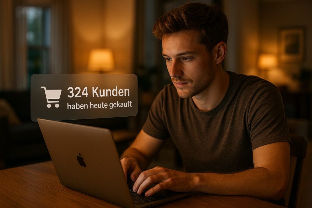 Mann sitzt am Laptop in gemütlich beleuchtetem Raum, auf dem Bildschirm erscheint ein Social-Proof-Hinweis: „324 Kunden haben heute gekauft“ mit Einkaufswagen-Symbol.