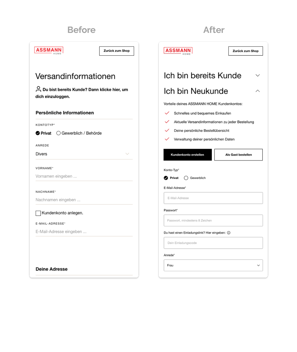 Reference Assmann Home – Redesign of the mobile checkout process focusing on a cleaner UX structure
