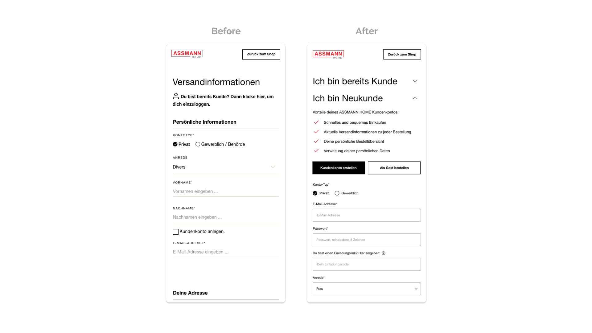 Reference Assmann Home – Redesign of the mobile checkout process focusing on a cleaner UX structure